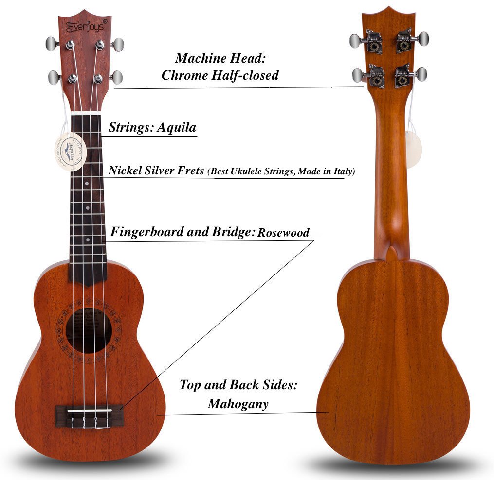 Ukulele in mogano soprano - 21 pollici professionale con custodia sintonizzatore Aquila stringhe EVUKP02